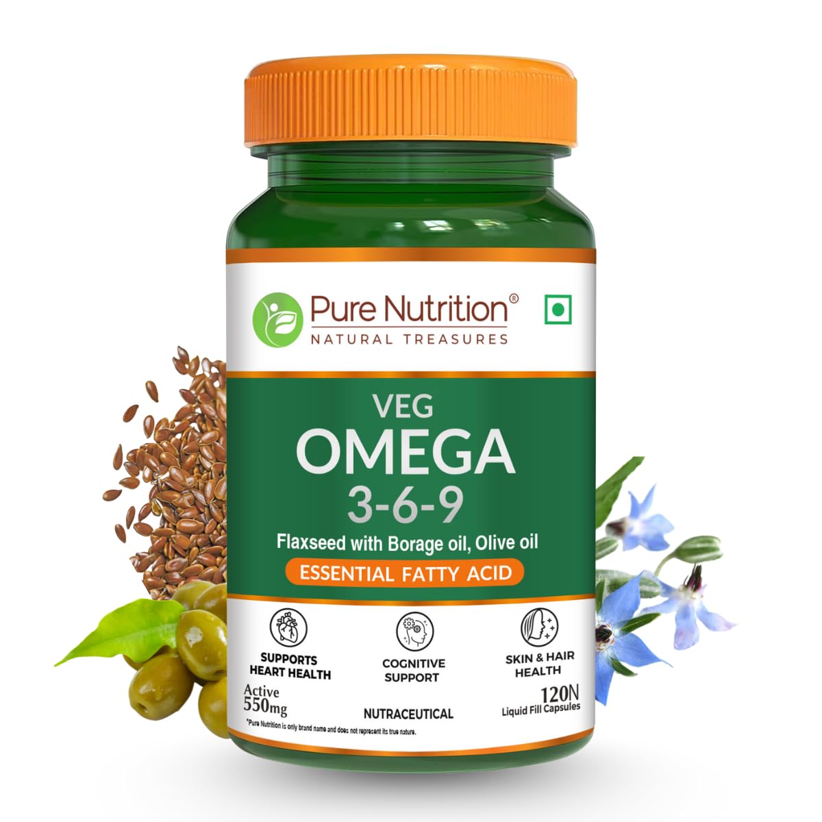 Pure Nutrition Veg Omega 3-6-9 softgels with flaxseed, seabuckthorn berries, and olive