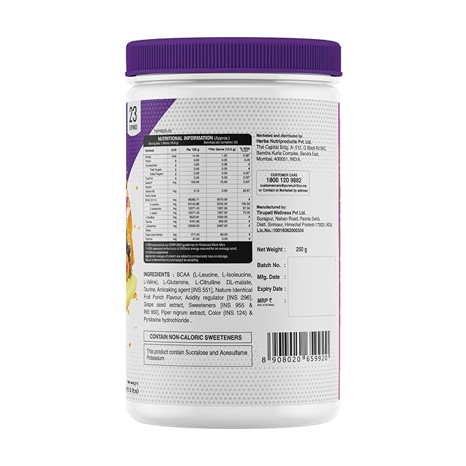 BCAA with Grape Seed Extract & Piper Nigrum | Fruit Punch Flavour | 250g