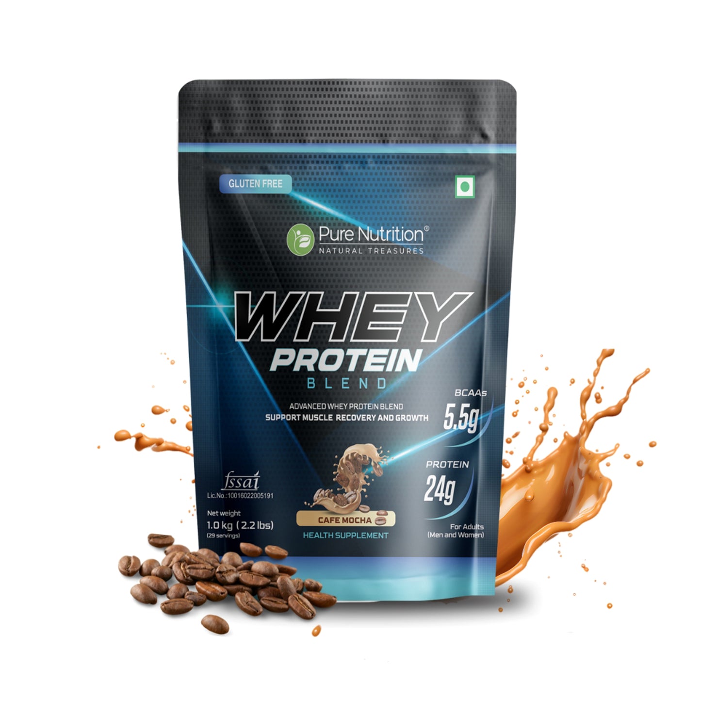 Whey Protein Blend for Muscle Recovery & Growth, 5.5g BCAA, Cafe Mocha - 1Kg