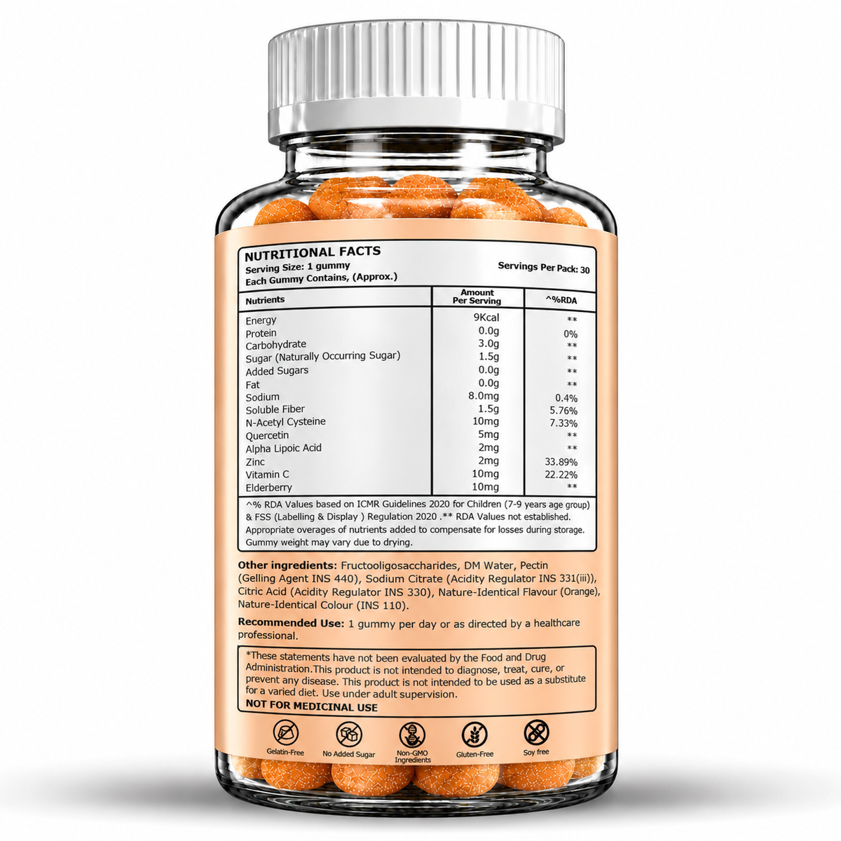Kids’ Immune+ Gummies with Vitamin C, Elderberry, Zinc, NAC & Quercetin | Orange Flavour | 30 Gummies