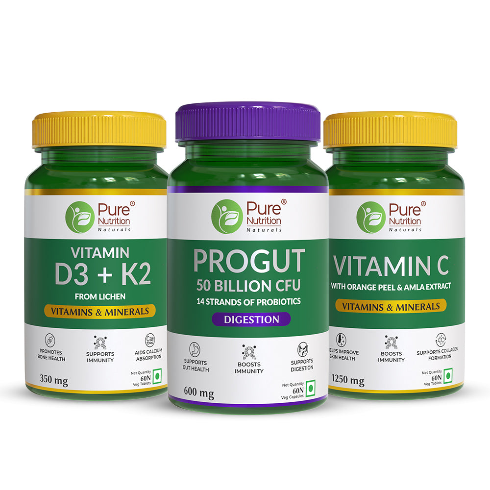 Immunity Boost Value Pack | D3 + K2 | Progut 50 bn CFU Probiotics | Vitamin C - 3 x 60 Veg Tabs