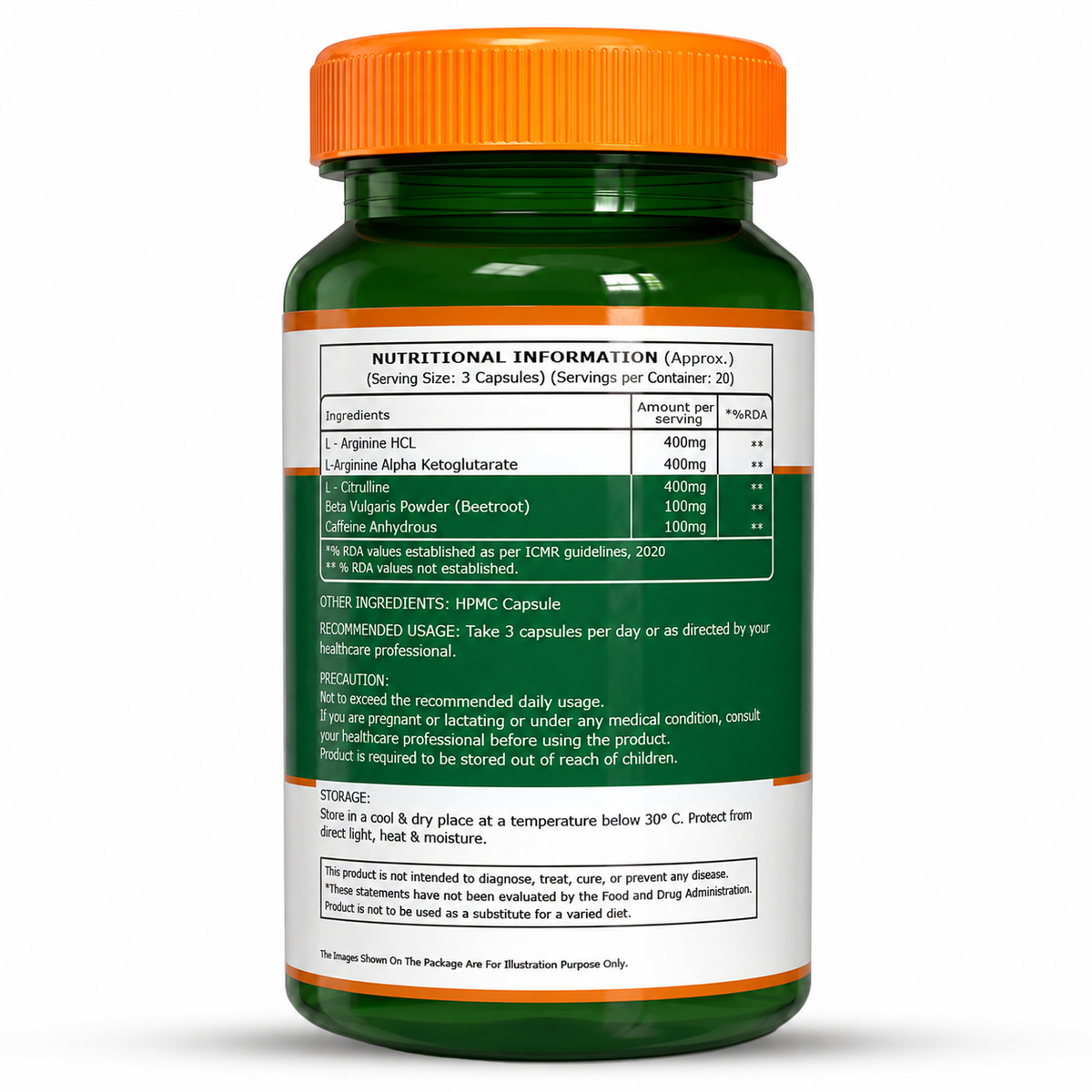 Nitric Oxide Booster L-Arginine, L-Citrulline & Caffeine | 60 Veg Capsules