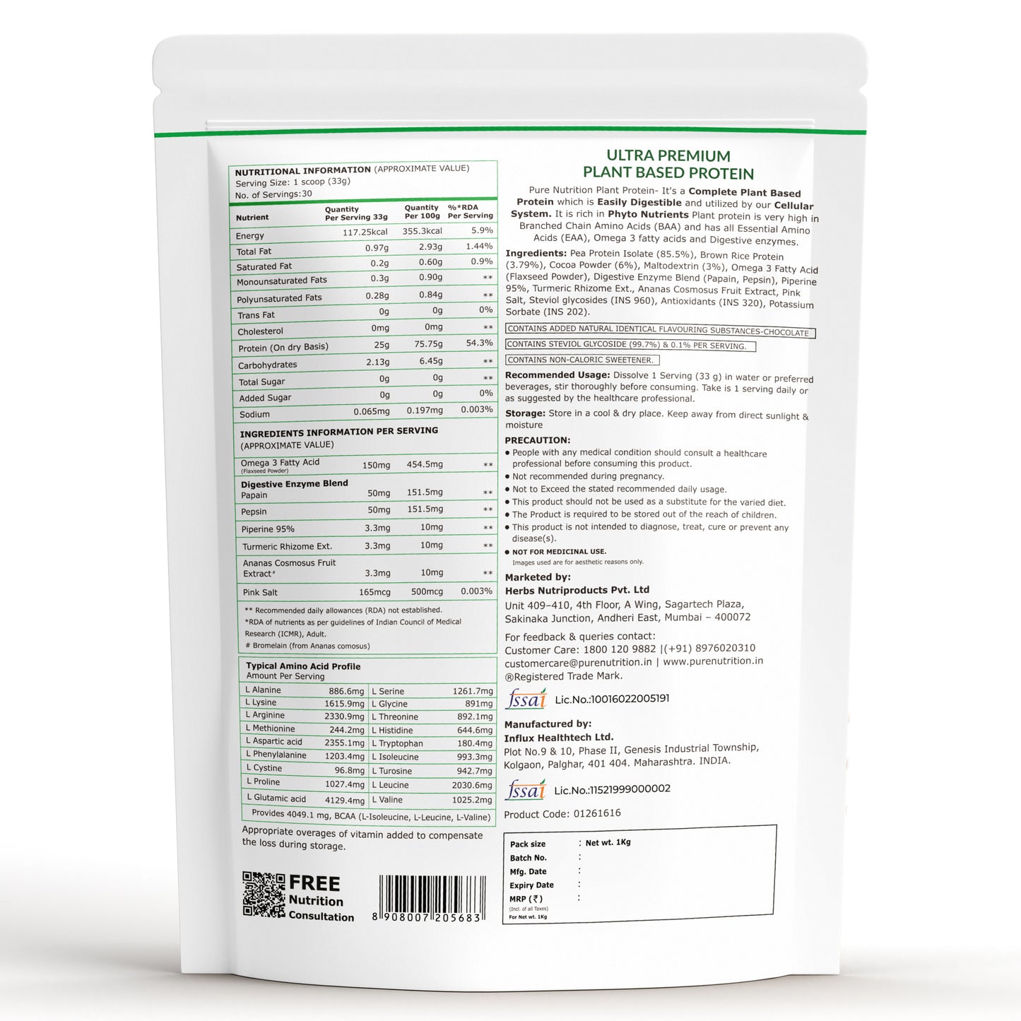 Plant-Based Vegan Protein Powder Chocolate 1kg | BCAAs & Digestive Enzymes