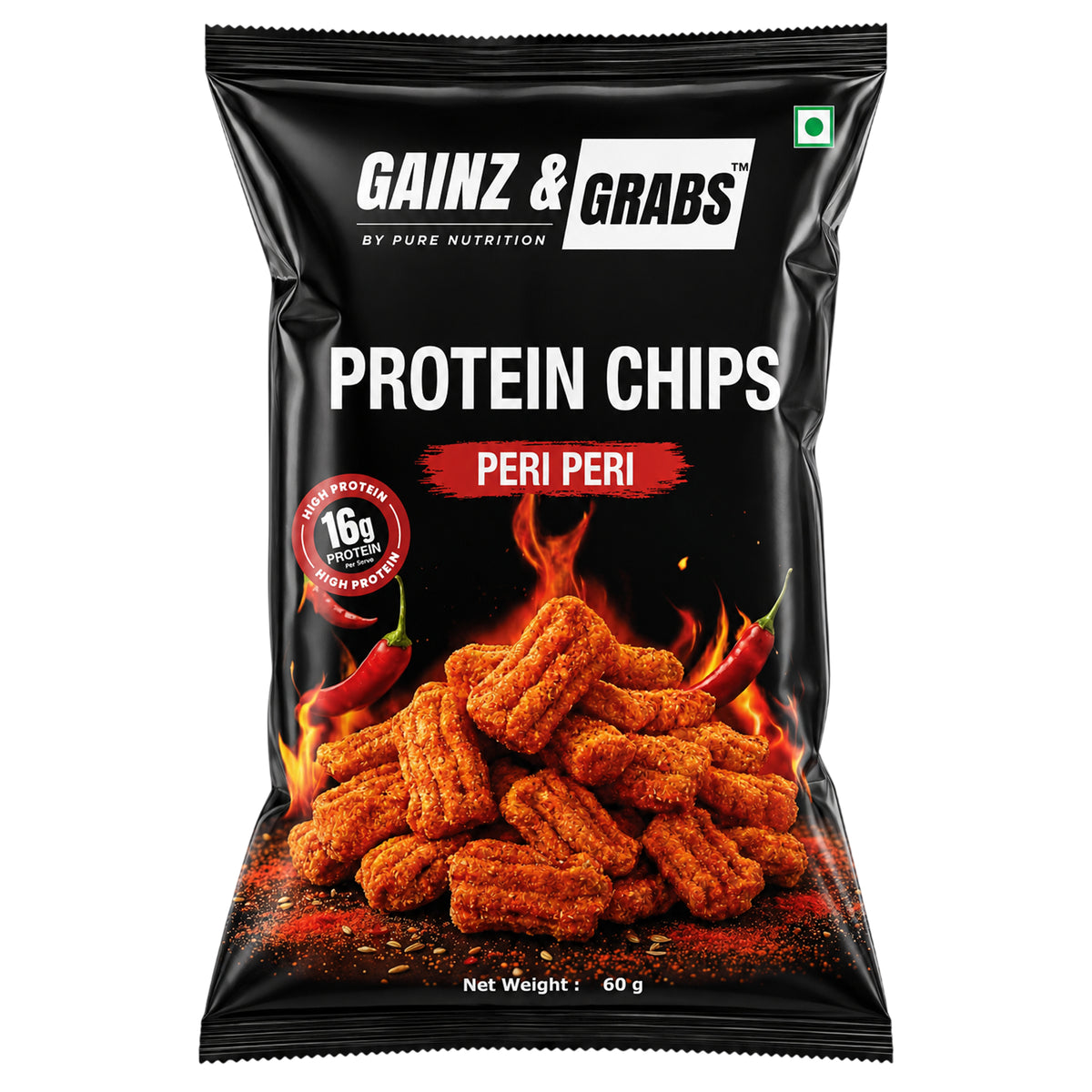 Gainz & Grabs Protein Chips – Indian Masala | Peri Peri | 16g Protein | Multi-Source Plant Protein | 60g