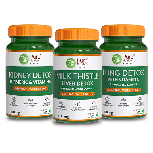 Pure Nutrition Complete Detoxification Combo Pack - Lung Detox Kidney Detox & Liver Detox with Milk Thistle 60 Vegetarian Tablets x 3 Full Body Cleanse & Detox