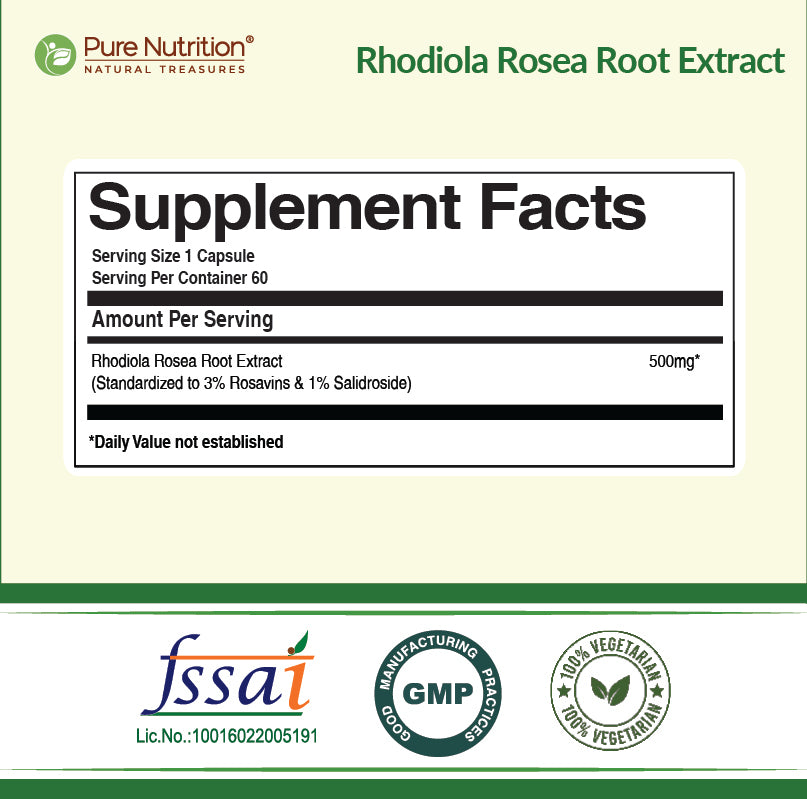 Pure Nutrition Rhodiola Rosea Root Extract – 500mg, 60 Veg Capsules