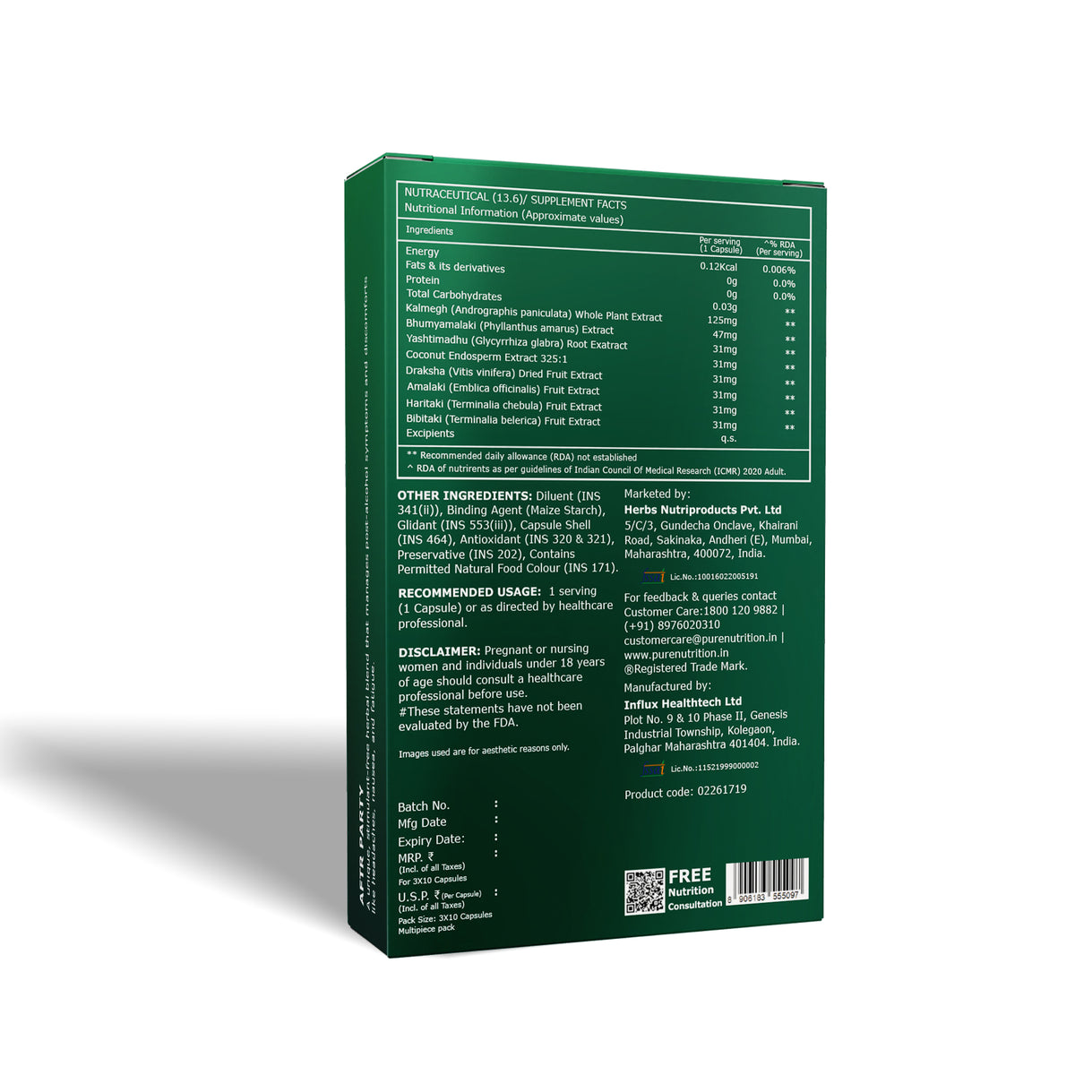 Pure Nutrition After Party supplement packaging with product details