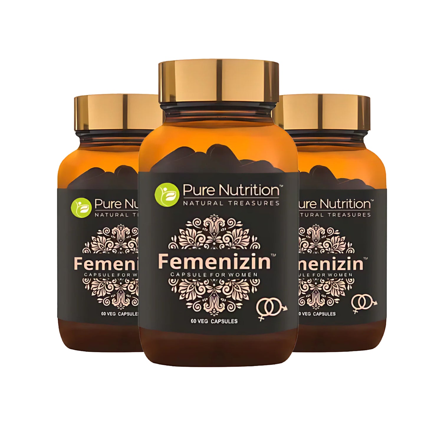 Pack of three Femenizin herbal capsule bottles designed for long-term women's health and vitality support.