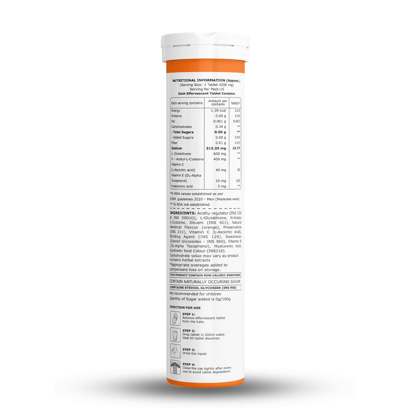 Nutritional information and ingredient panel for Pure Nutrition Glutathione 600mg effervescent tablets with Vitamin C, NAC and serving details.