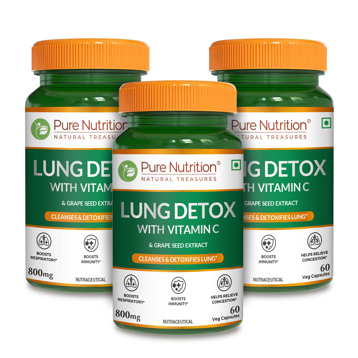 Pack of three Pure Nutrition Lung Detox supplement bottles for long-term respiratory support.