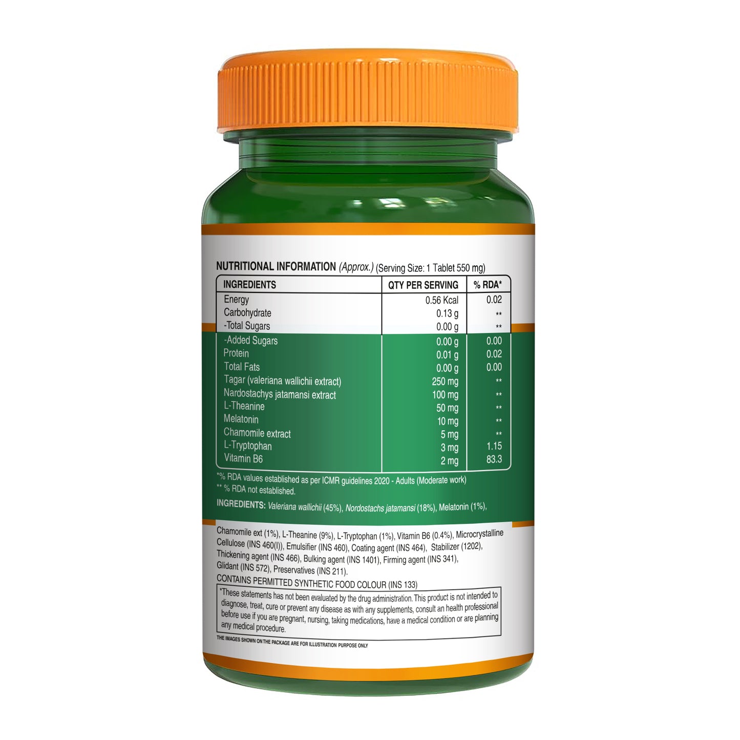 Back label showing the supplement facts, nutritional information, ingredients, dosage, and storage instructions for Pure Nutrition Melatonin tablets.