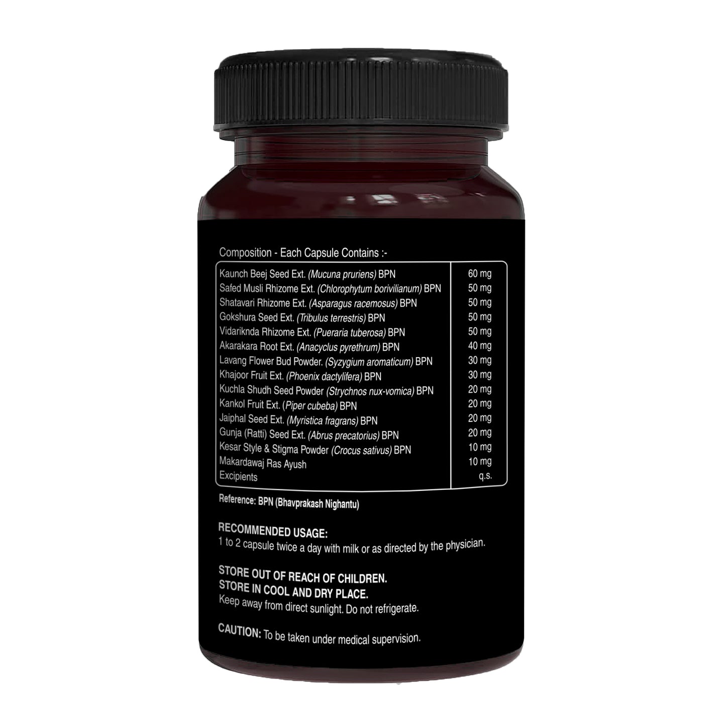 Back label of Menizin herbal capsules showing ingredients, recommended usage, storage instructions, and product information.