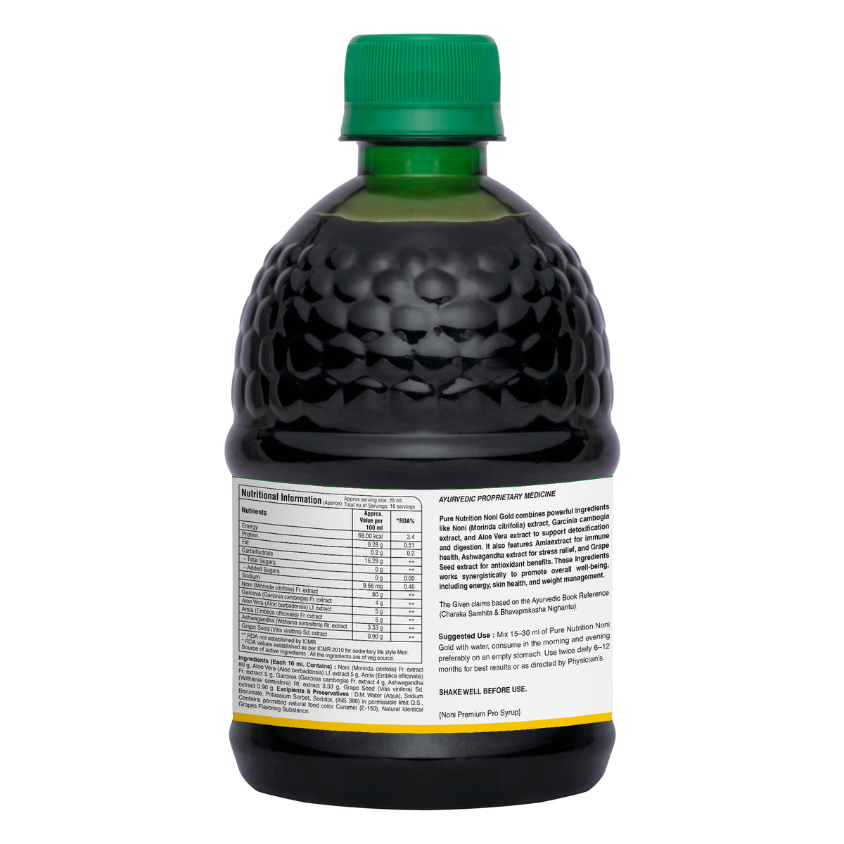 Back label of Noni Gold herbal juice displaying nutrition facts, ingredients, usage directions, and product information.