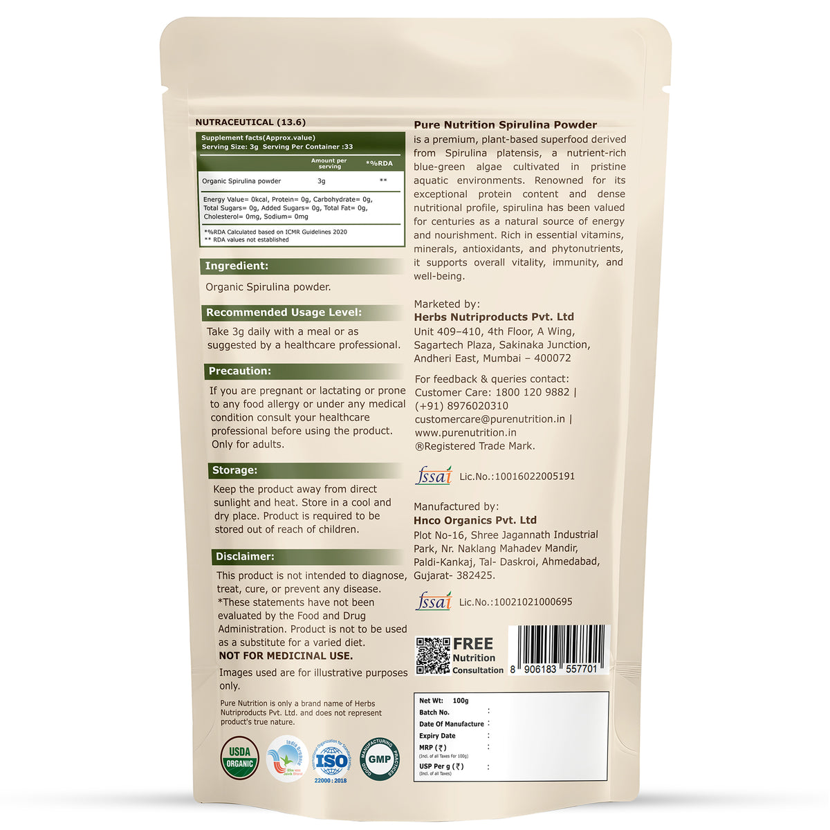 Organic Spirulina Powder | Single Ingredient Superfood | 100g