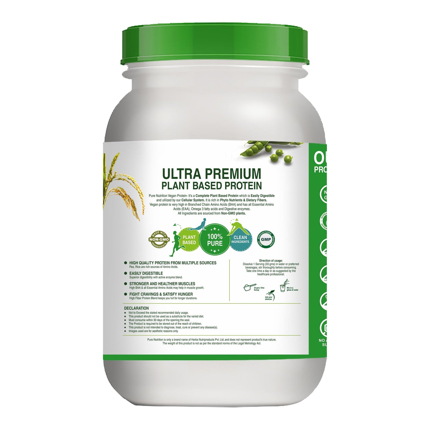 Back label of plant-based vegan protein powder highlighting premium ingredients, clean formula, nutritional benefits, and product information.