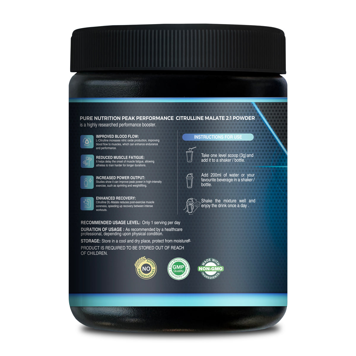 Back label of Pure Nutrition Citrulline Malate showing benefits and usage instructions.