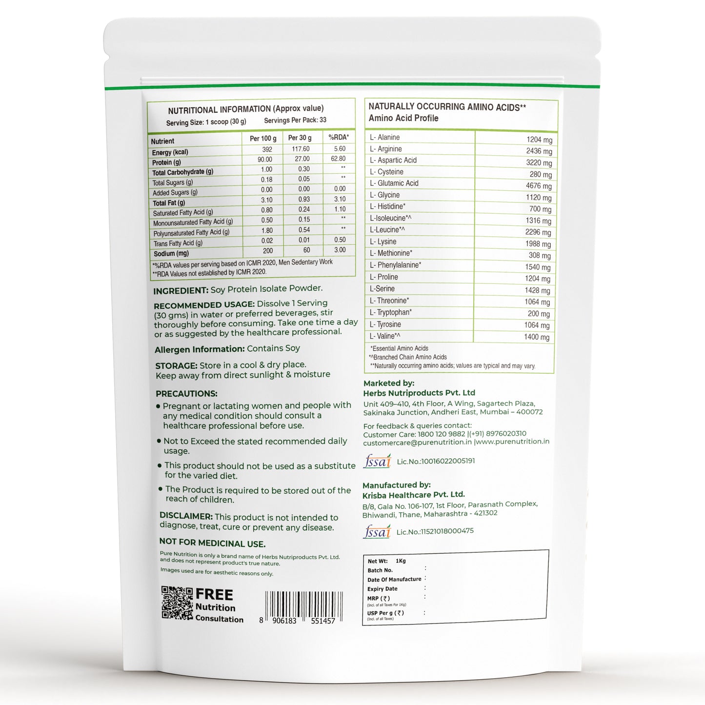 Soy Protein Isolate Powder 1kg 90% Protein | Unflavored, Pure & Complete