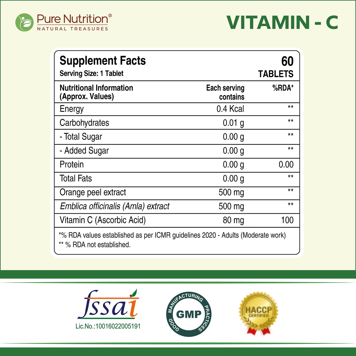 Supplement facts panel displaying the nutritional information, ingredients, and certifications for Pure Nutrition Vitamin C tablets.