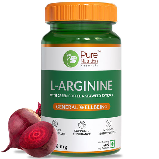 L-Arginine with Green Coffee & Sea Weed Extracts | Supports Endurance & Cardiac Health - 60 Veg Capsules