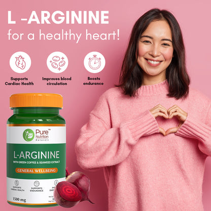 L-Arginine with Green Coffee & Sea Weed Extracts | Supports Endurance & Cardiac Health - 60 Veg Capsules