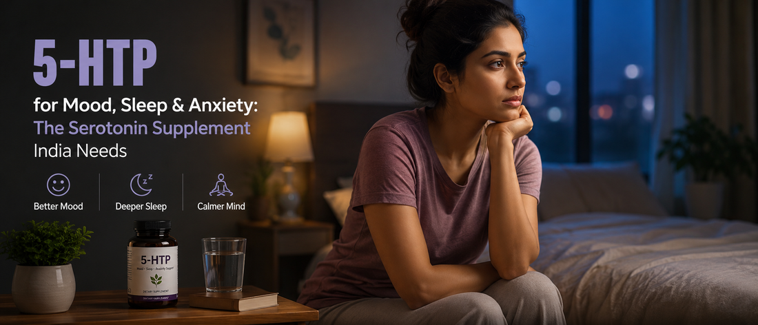 Indian woman struggling with stress and sleeplessness using natural serotonin support supplement for mood and anxiety relief