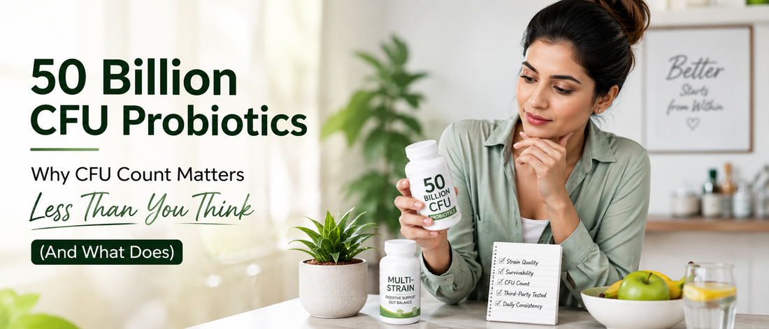 Indian woman comparing probiotic supplement information and learning why probiotic strains and quality matter more than 50 billion CFU count