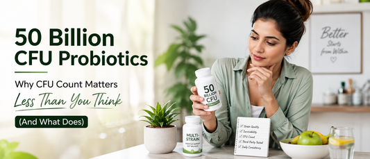 Indian woman comparing probiotic supplement information and learning why probiotic strains and quality matter more than 50 billion CFU count