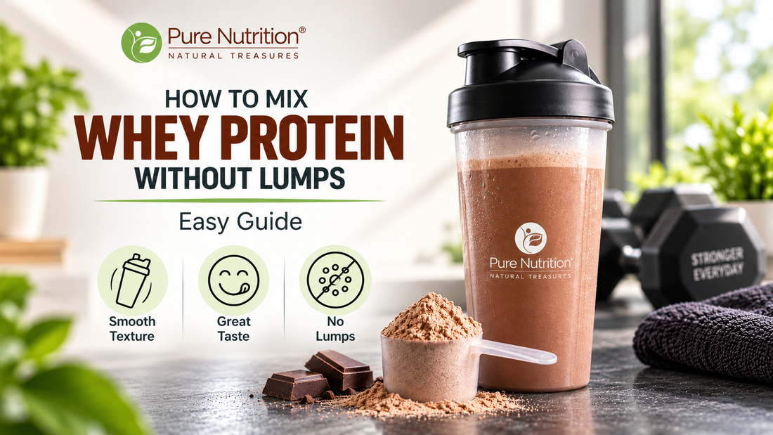Pure Nutrition whey protein and chocolate shake showing how to mix whey protein without lumps.