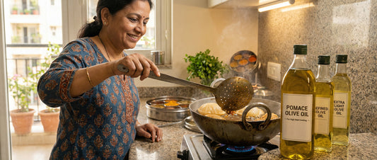 Indian woman deep frying pakoras in a kadhai using pomace olive oil with high smoke point bottles on counter