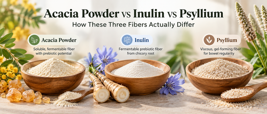 Acacia powder vs inulin vs psyllium comparison showing three dietary fiber types and their key differences