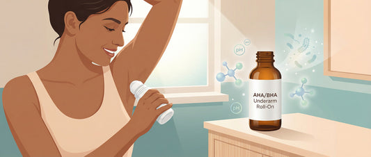 Indian woman applying AHA BHA underarm roll-on for odor control, showing gentle skincare approach to managing body odor caused by bacteria