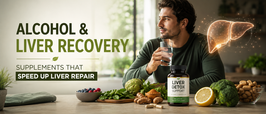 Man supporting liver recovery after alcohol with healthy lifestyle habits and liver support supplements