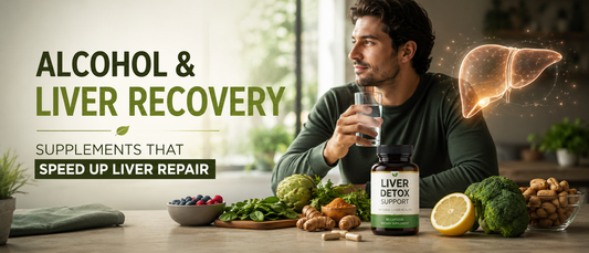 Man supporting liver recovery after alcohol with healthy lifestyle habits and liver support supplements