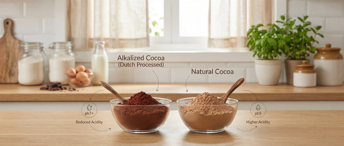 Side-by-side comparison of alkalized cocoa powder and natural cocoa in glass bowls on a kitchen counter, showing colour and texture differences for baking and drinks.