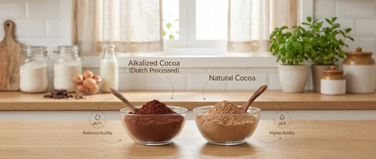 Side-by-side comparison of alkalized cocoa powder and natural cocoa in glass bowls on a kitchen counter, showing colour and texture differences for baking and drinks.