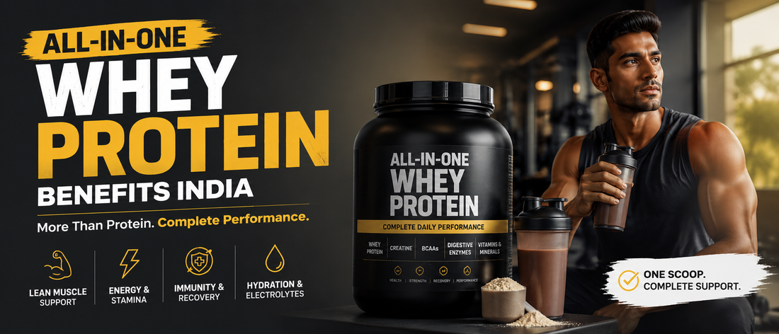All in one whey protein benefits India with an Indian fitness professional holding a post-workout protein shake.