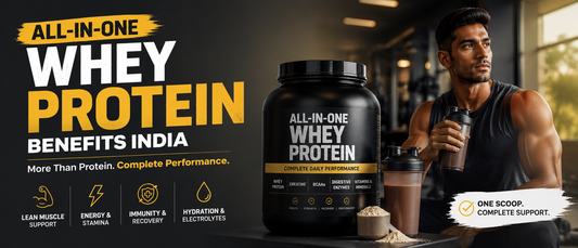All in one whey protein benefits India with an Indian fitness professional holding a post-workout protein shake.