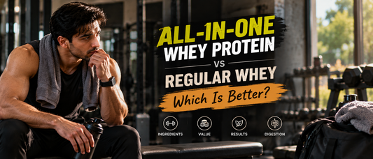 All-in-one whey protein vs regular whey comparison banner featuring a man in a gym.