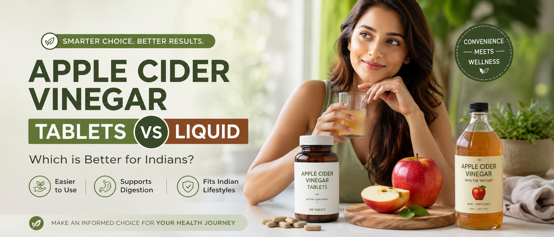 Indian wellness lifestyle comparing apple cider vinegar tablets and liquid ACV for daily health routines