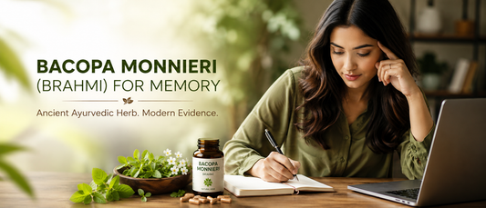 Young Indian professional reading while using Bacopa Monnieri Brahmi herb for memory and focus support
