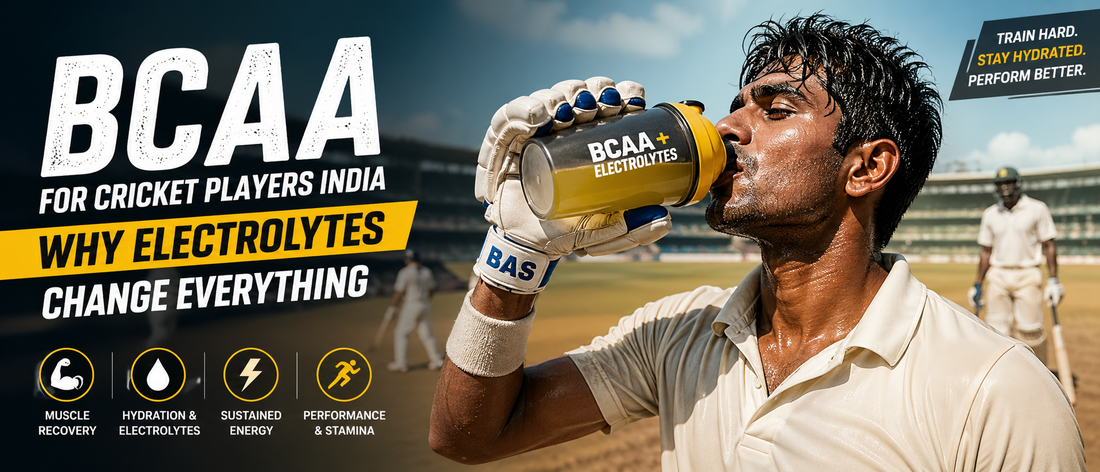 Cricket player drinking BCAA with electrolytes during match in Indian heat