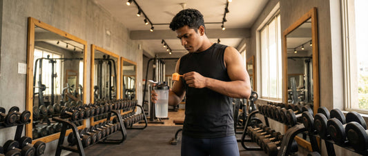Indian male athlete mixing BCAA powder in gym bottle before workout
