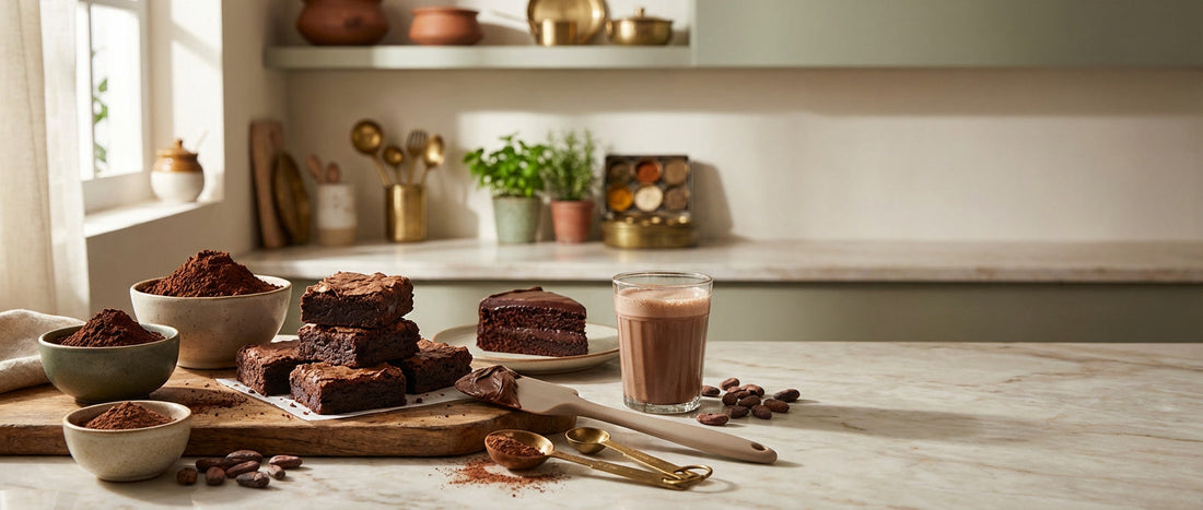 Flat lay of cocoa powder, chocolate cake, brownies, and baking ingredients on a modern Indian kitchen countertop