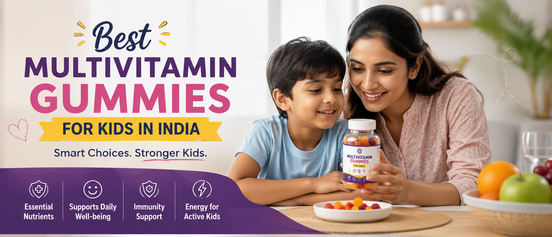 Indian parent comparing multivitamin gummies for kids in India with child at home