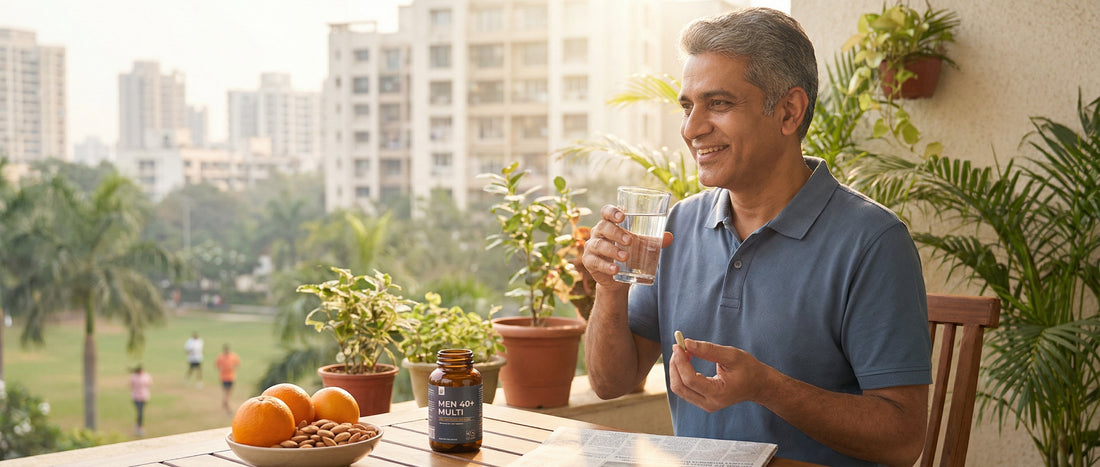 Healthy Indian man holding a multivitamin capsule and water, illustrating the best daily supplement routine for men over 40 to boost energy.