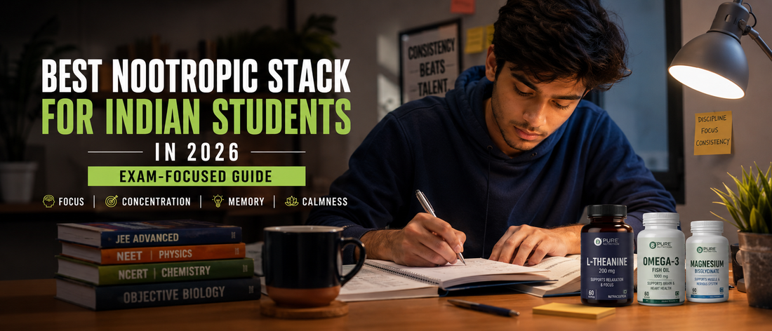 Indian student using a nootropic stack for focus during exam preparation
