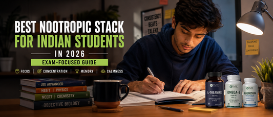 Indian student using a nootropic stack for focus during exam preparation