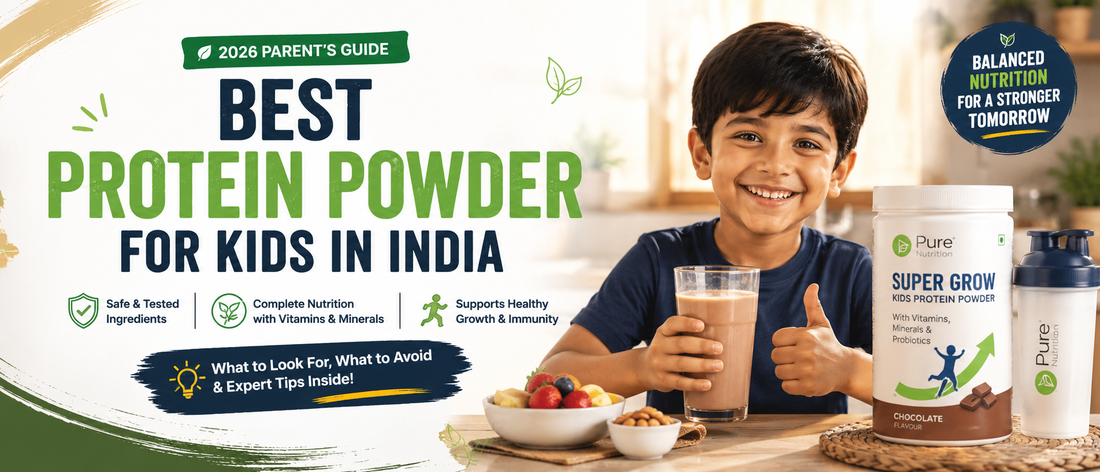 Best protein powder for kids India – Indian mother serving a nutritious chocolate protein drink to her child at breakfast.