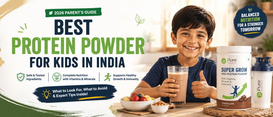 Best protein powder for kids India – Indian mother serving a nutritious chocolate protein drink to her child at breakfast.