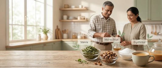 Indian couple choosing stevia, monk fruit, and erythritol as sugar alternatives for diabetes-friendly drinks and desserts